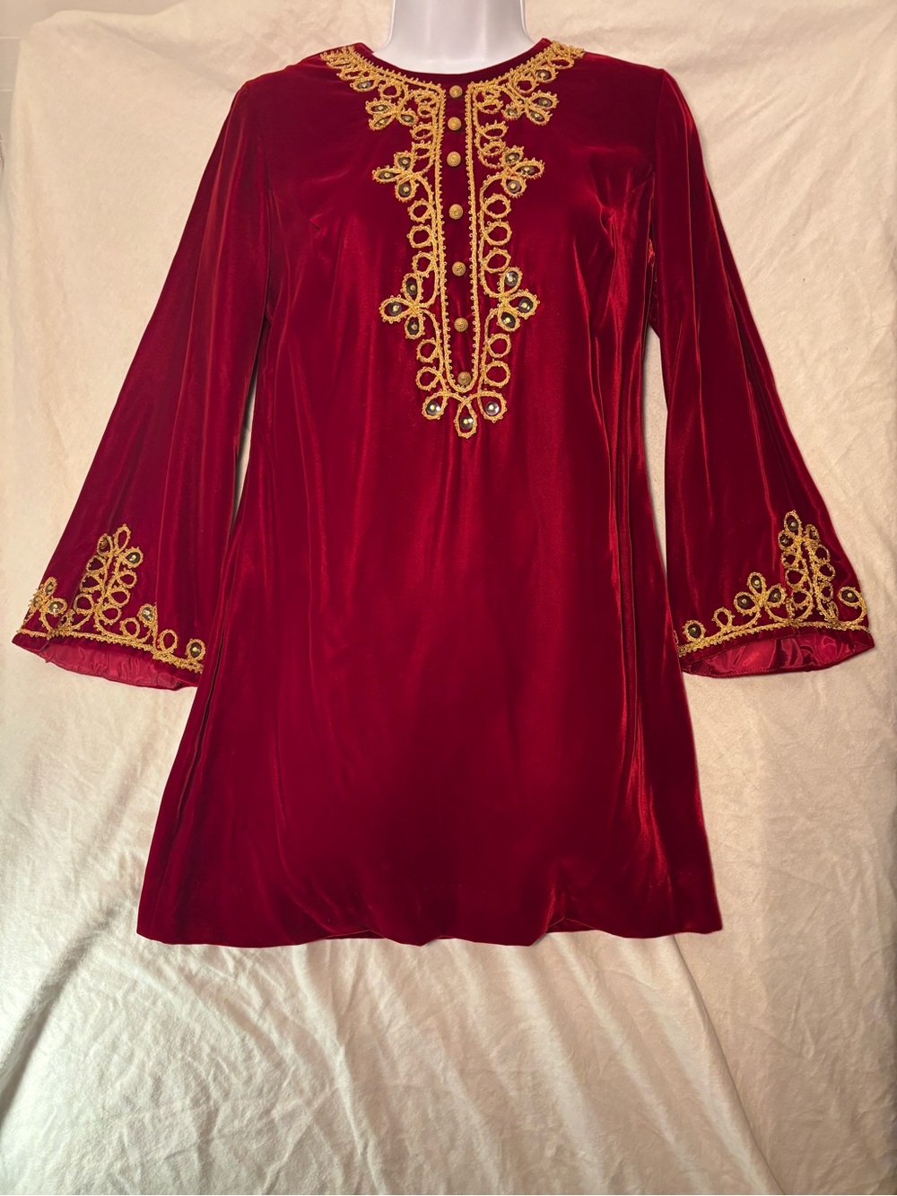 Women's Vintage Handmade Red Velvet Tunic Dress with Gold Embroidery
